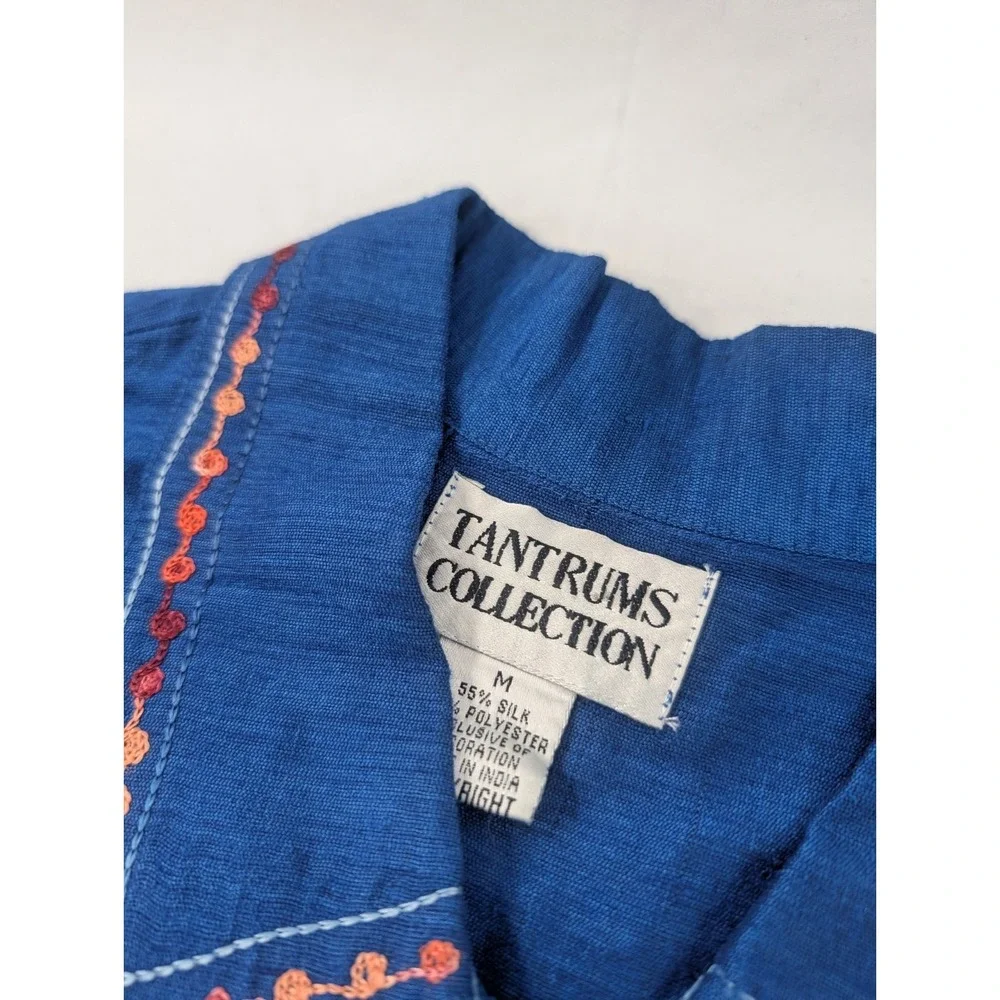 Vtg Tantrums Collection Metal Button‎ Front Shirt Silk Blend Floral Embroidery M